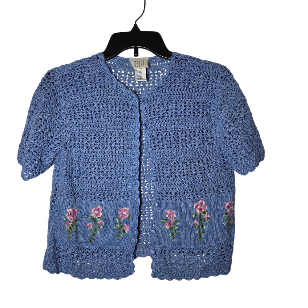 TEDDI Crochet Knit Floral Cardigan Size Medium Granny Cottage Vintage Boho Fairy